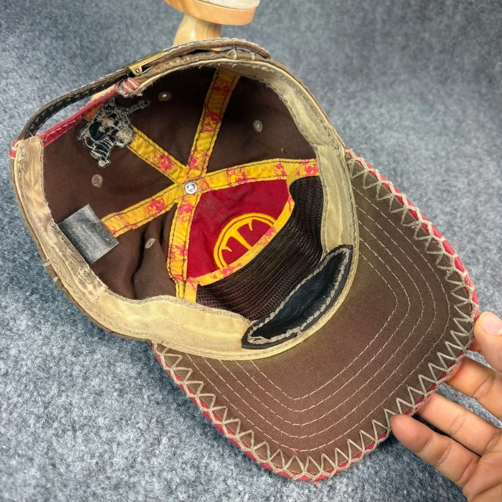 True Religion Brand Jeans Distressed Baseball Cap Red Brown Embroidered Hat OSFA